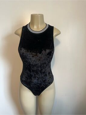 Essue Black Velvet Sleeveless Bodysuit with Striped Neck